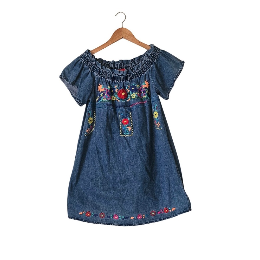 Caffeine Denim Floral Mexican Embroidered Peasant Dress Sz S Boho Festival